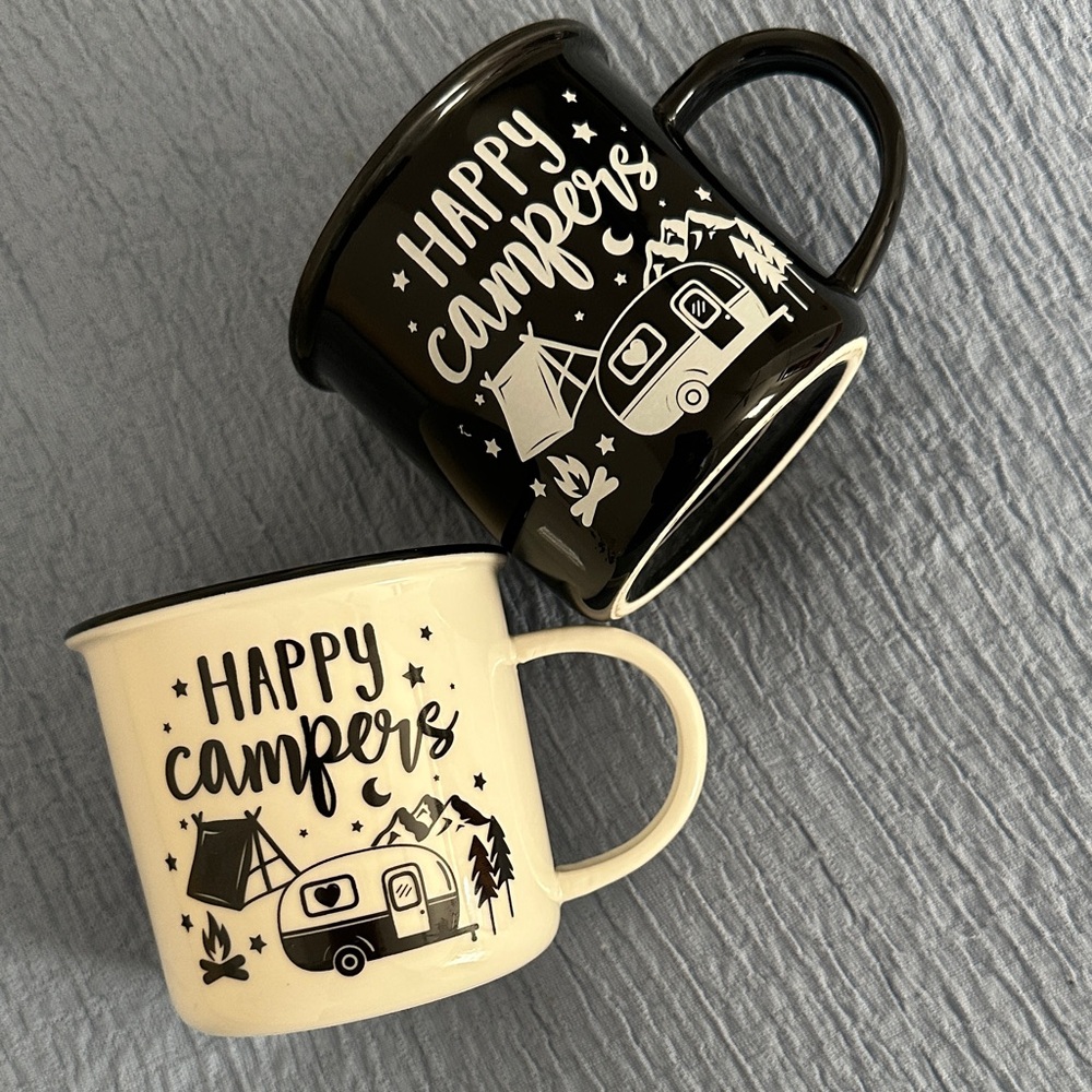 Happy Campers Ceramic Mugs - Black and White